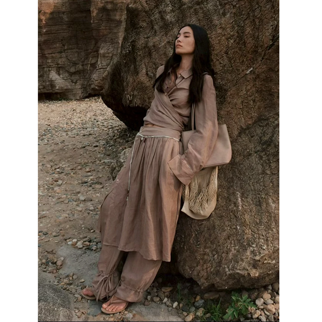 LYGNE慵懒陶雾粉褐桑蚕丝亚麻解构绑带女套装