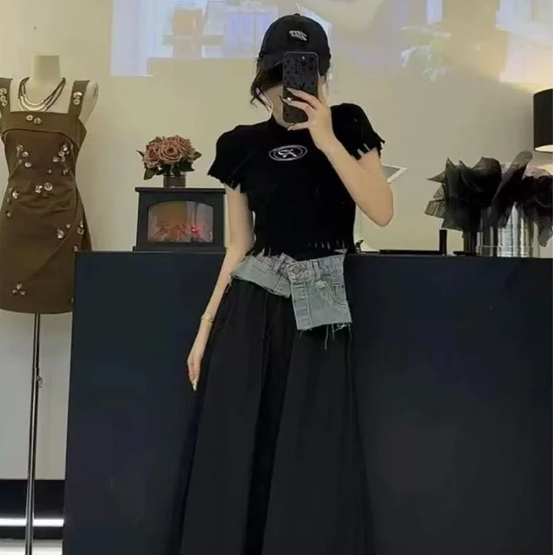 辣妹复古纯欲风短袖两件套女新款设计感小众拼接牛仔半身裙套装夏