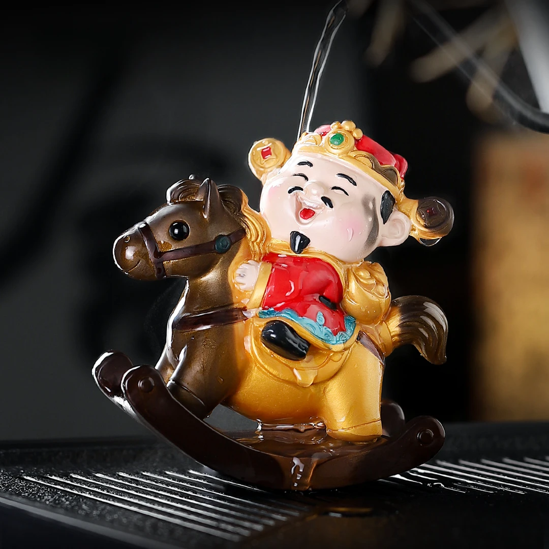 遇水变色卡通财神骑马茶宠茶桌茶台功夫茶具创意茶玩配件装饰品