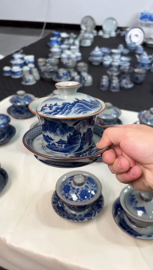 其他瓷景德镇陶瓷茶具老陶泥山水马蹄盖碗