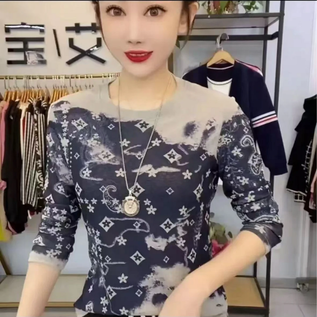 2025夏季新款拼色印花打底长袖时尚洋气显瘦百搭上衣T恤套头