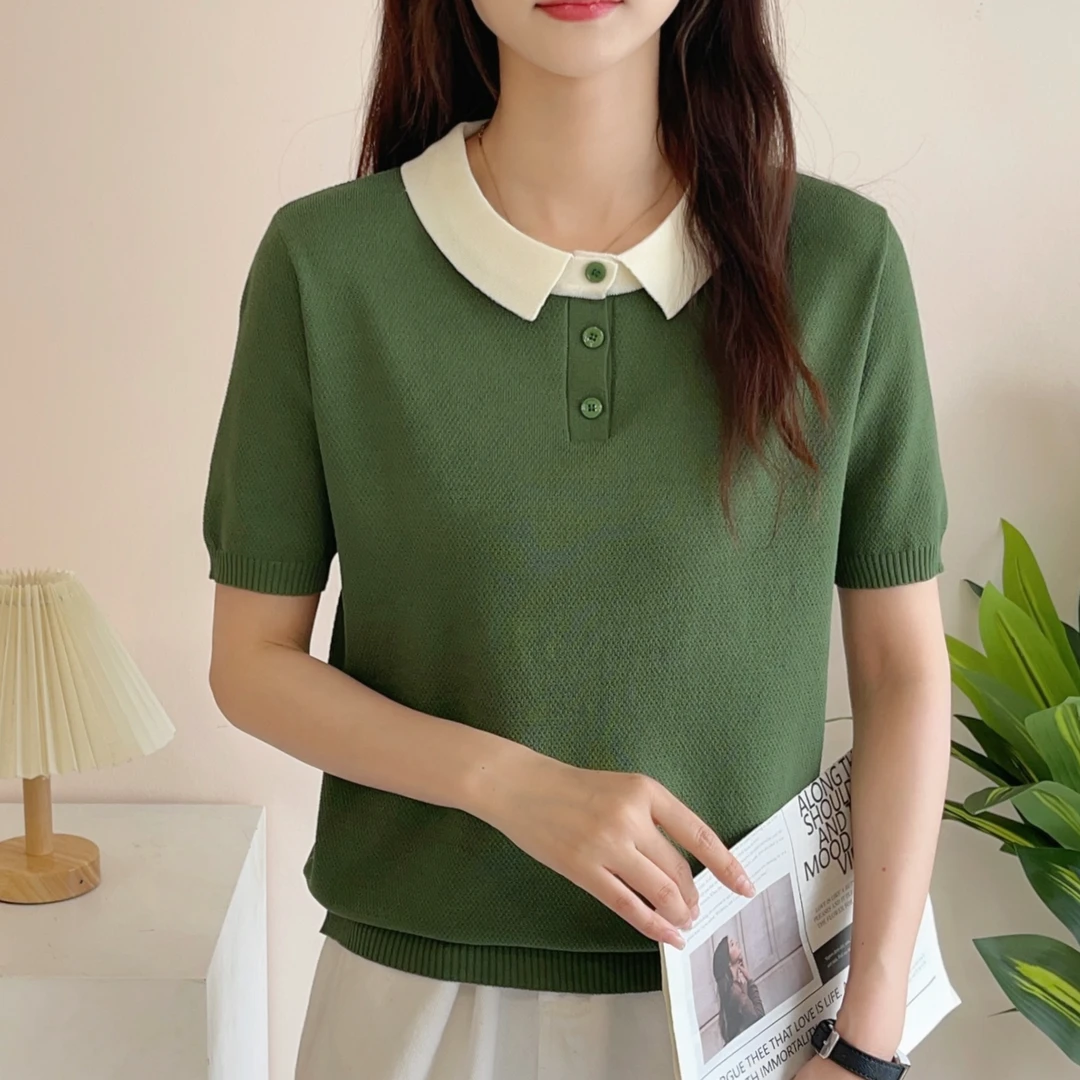 【绿色短袖】夏季POLO衫短袖显瘦时尚精致方领针织衫百搭气质