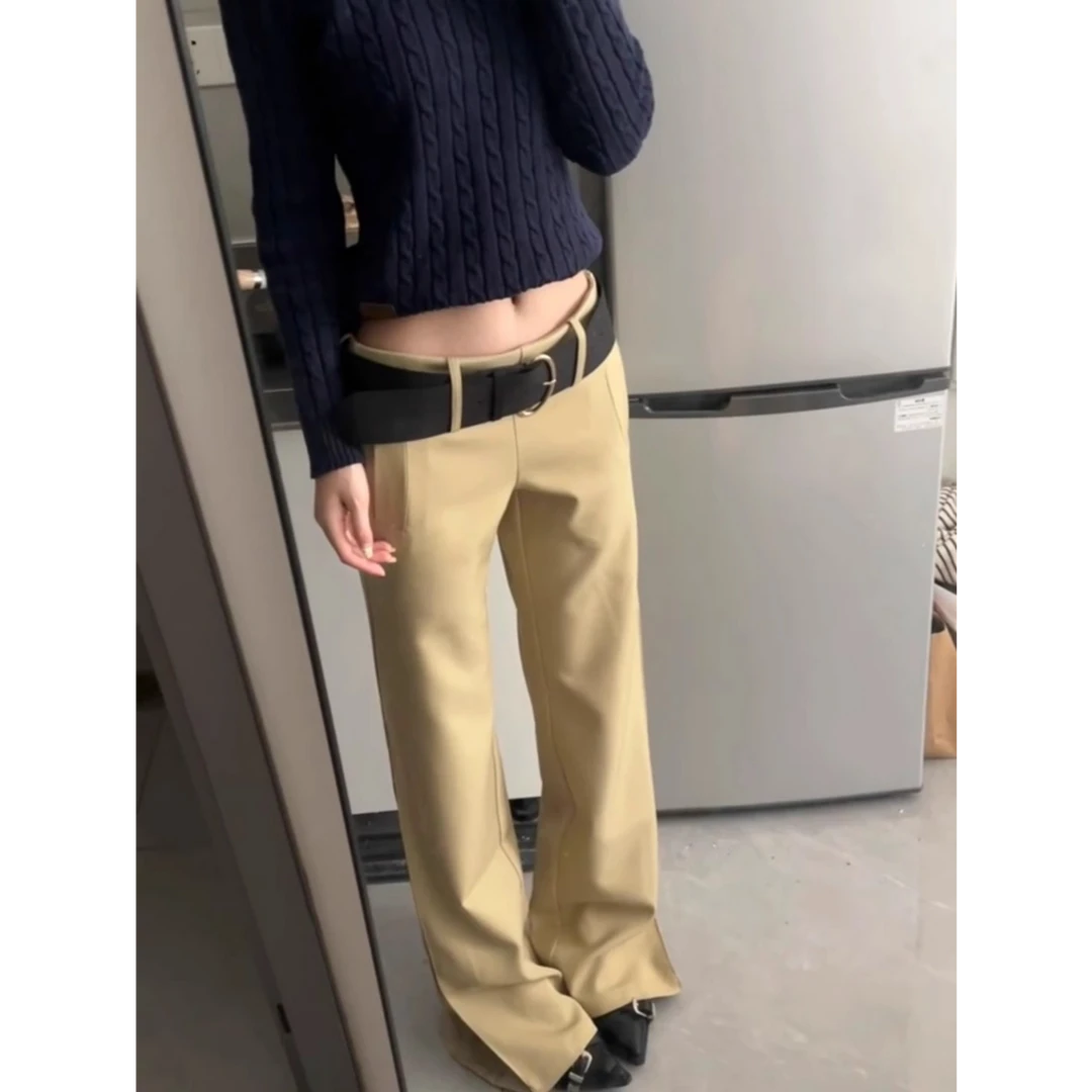 卡其色中腰休闲裤女秋季美式垂感西装长裤显瘦微喇叭直筒拖地裤子