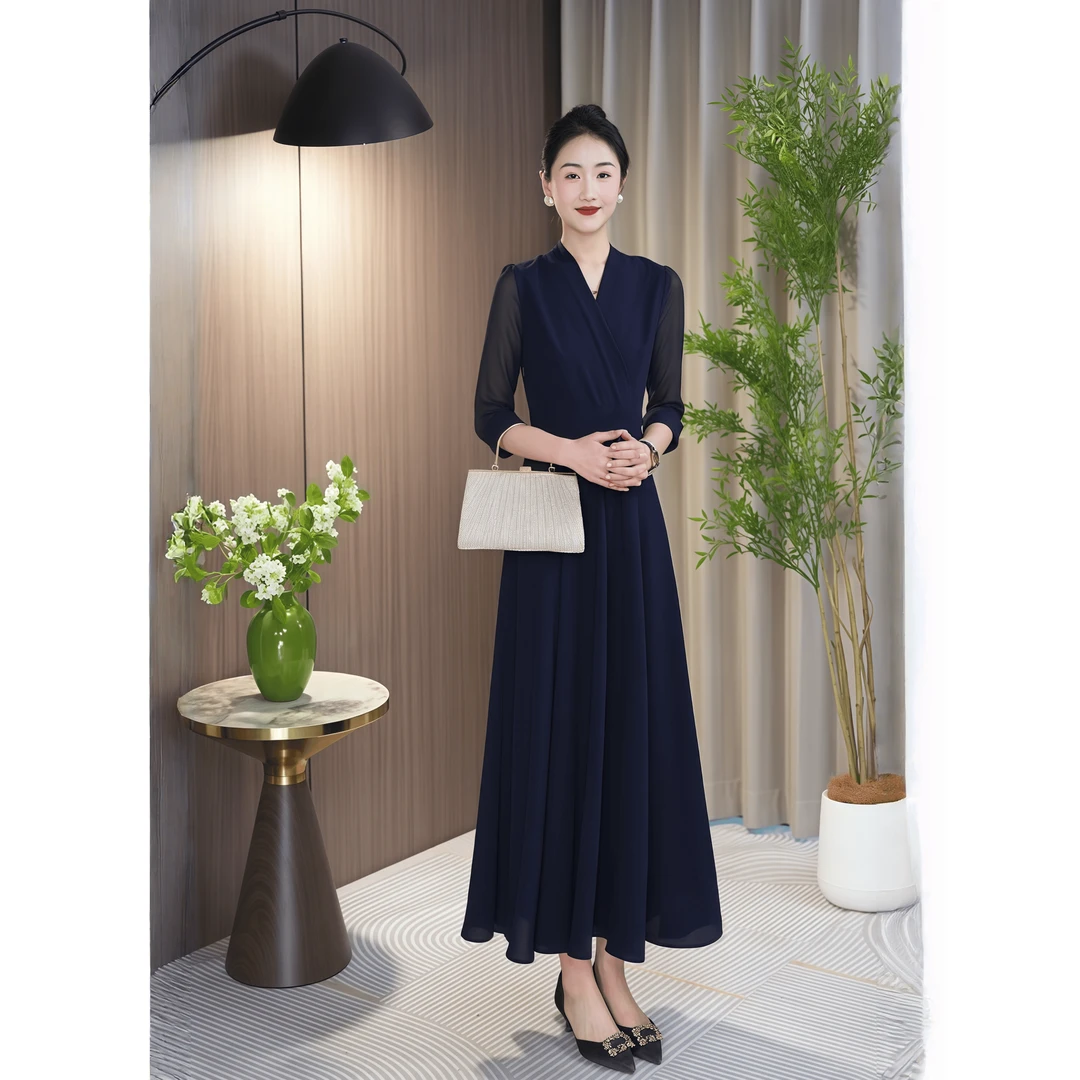 2025夏季新款轻薄纱袖半袖藏蓝色收腰放摆显瘦遮肉连衣裙