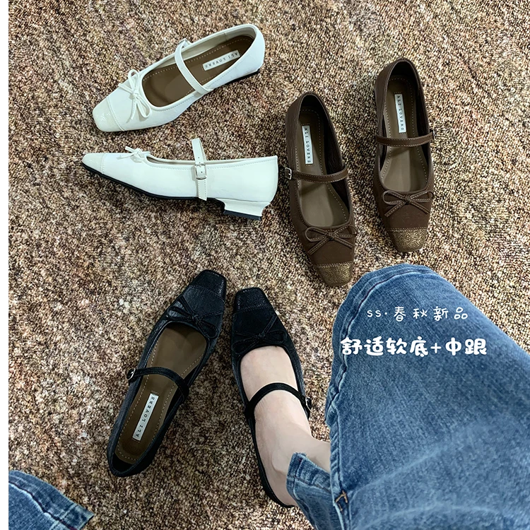 法式气质芭蕾舞鞋拼接蝴蝶结玛丽珍鞋子一字扣带粗跟方头配裙单鞋