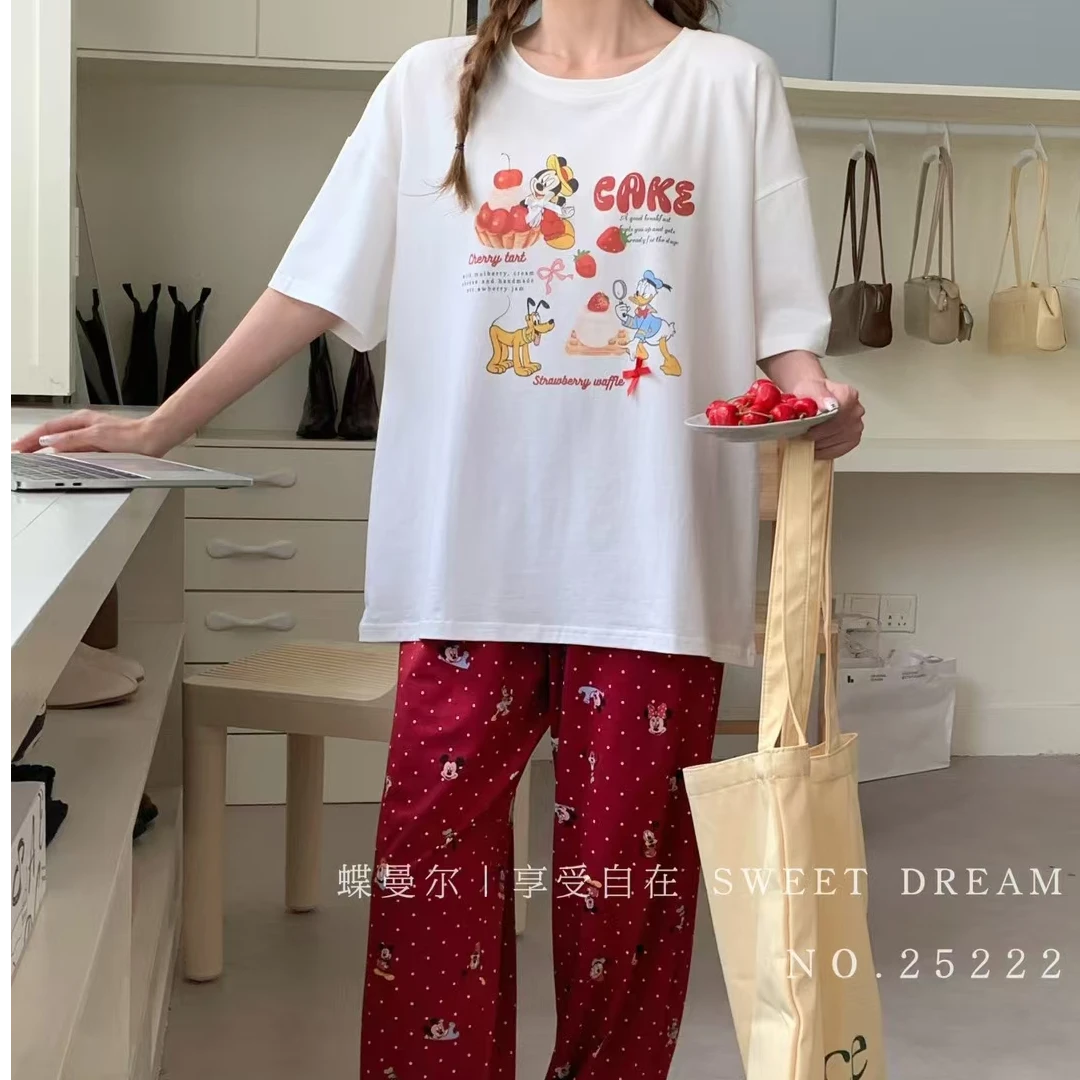 韩版ins家居服2025春夏卡通女短袖长裤大码甜美可爱宽松睡衣套装