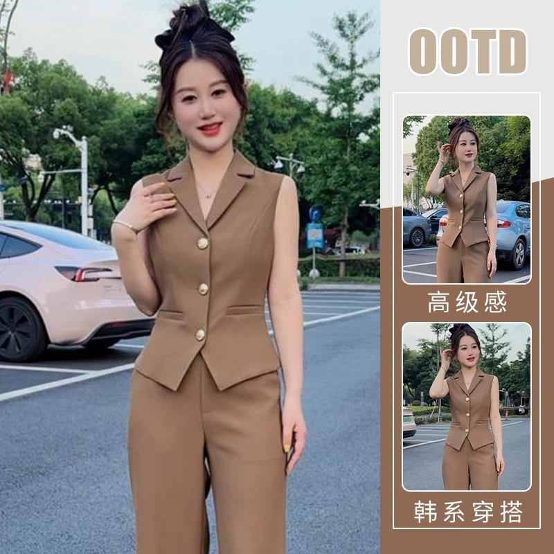 欧洲站轻熟风网红爆款夏季新款高级纯色修身无袖马甲搭配高腰裤子