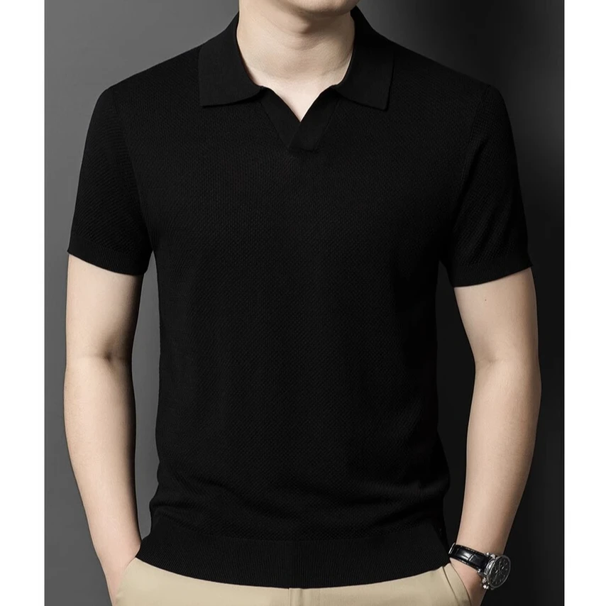 吉伦略索夏海鸥领短袖高端T恤男桑蚕丝简约时尚休闲白色裤子男