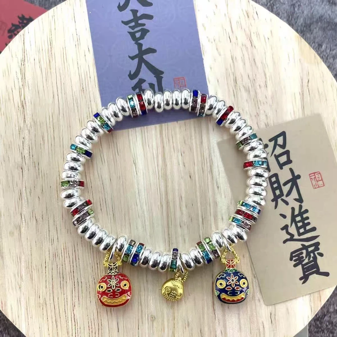 足银手链 吞金兽盘缠足银999.9手链好运招财彩钻精品弹力绳