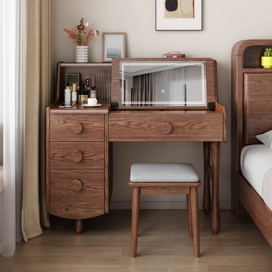 奶油风网红现代简约实木梳妆台多功能储物卧室小户型收纳柜化妆台