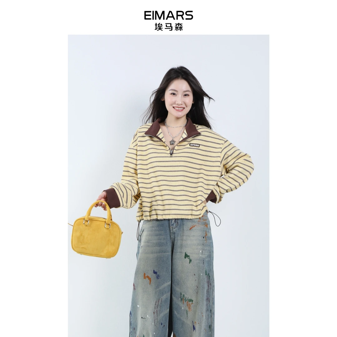 EIMARS埃马森25秋美式条纹拼接POLO半拉链时尚卫衣21240005