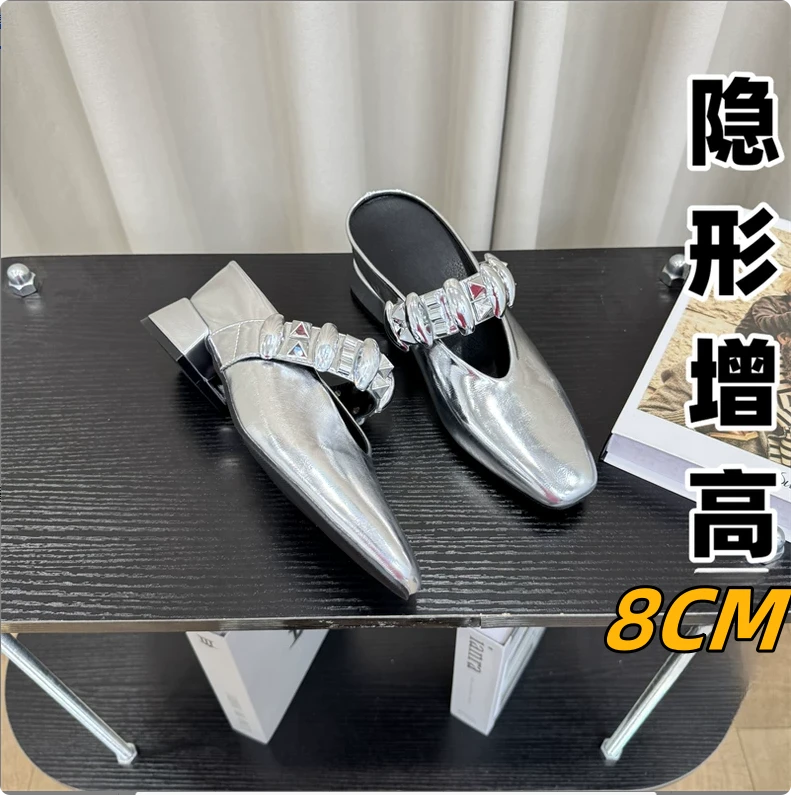 内增高包头半拖鞋女凉拖粗跟低跟银色单鞋女鞋子外穿新款夏季凉鞋