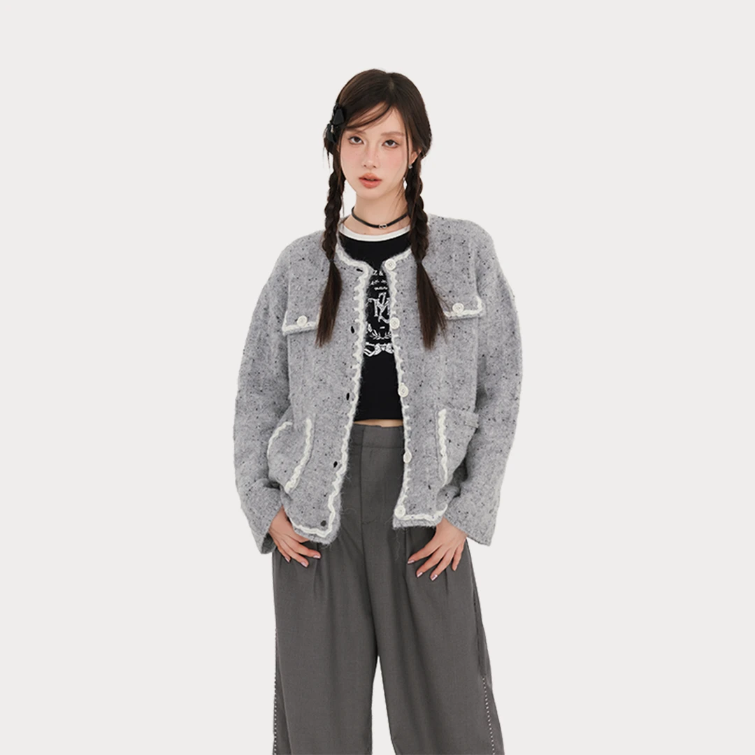 FPMZ【官方】小香风彩点针织衫外套秋季百搭长袖上衣甜美麻花边毛衣