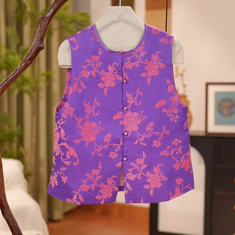 【贺贺专属】中国风日常少女春秋修身桑蚕丝紫色宋锦马甲