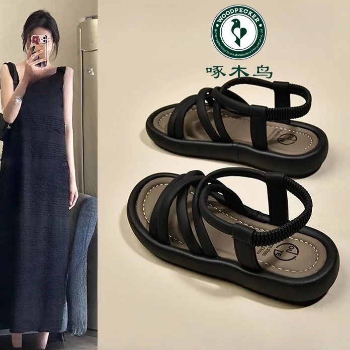 啄木鸟凉鞋女外穿2025夏季新款法式绝美沙滩休闲软平底森系罗马鞋