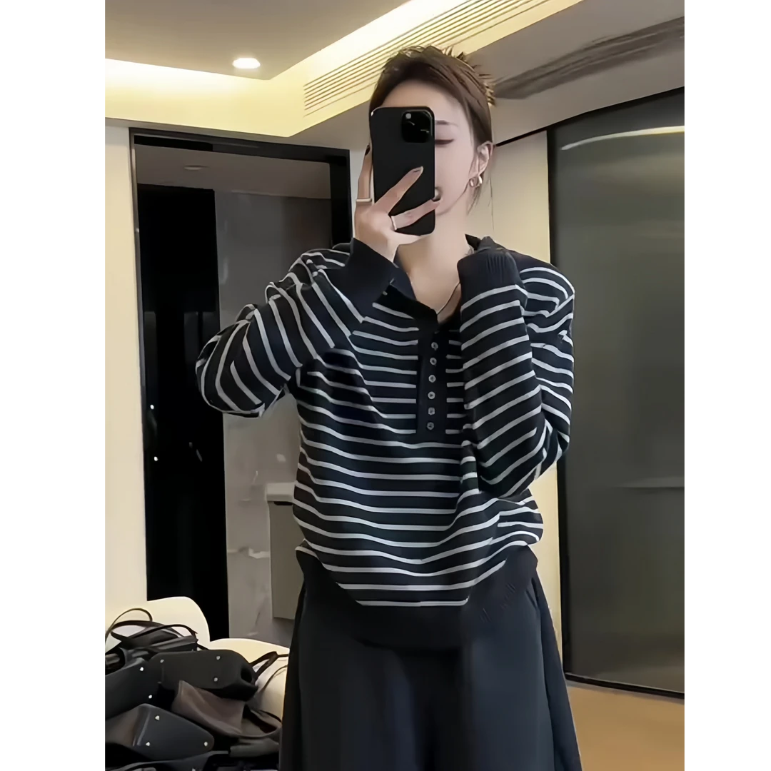 韩版休闲风连帽条纹长袖针织衫女秋季2025新款慵懒感百搭打底上衣
