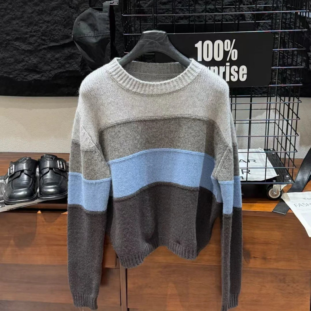 【周炸炸】拼色条纹圆领针织衫女长袖慵懒风毛衣#240743