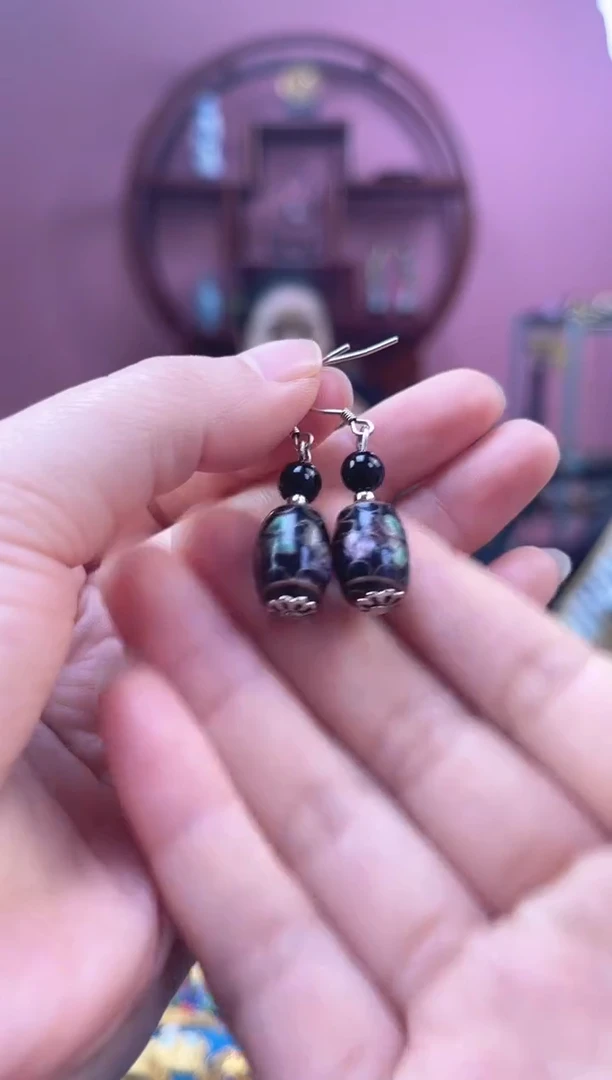 非遗 景泰蓝耳饰 黑色鼓珠