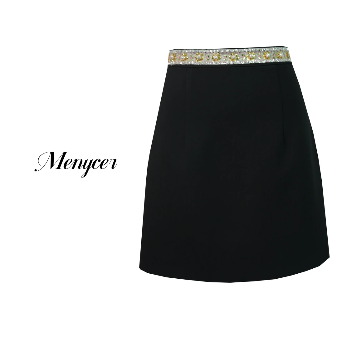 XM250087-气质高腰半身裙显瘦设计钉珠拼接压褶时尚A字裙