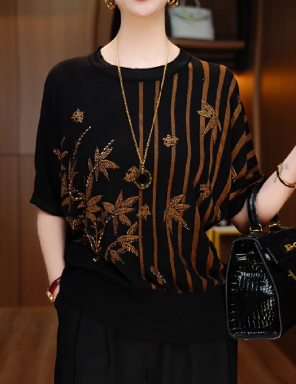 国颐 新款春夏针织衫短袖女高端显瘦显白百搭时尚上衣V25Q684