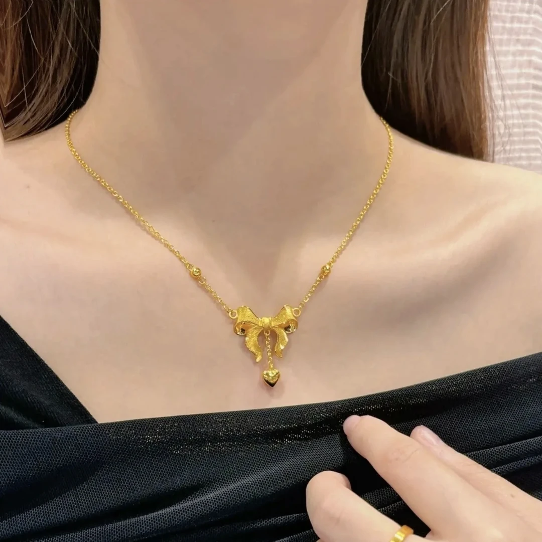 铜合金项链 国潮古法在逃公主蝴蝶结爱心套链项链流苏气质锁骨链