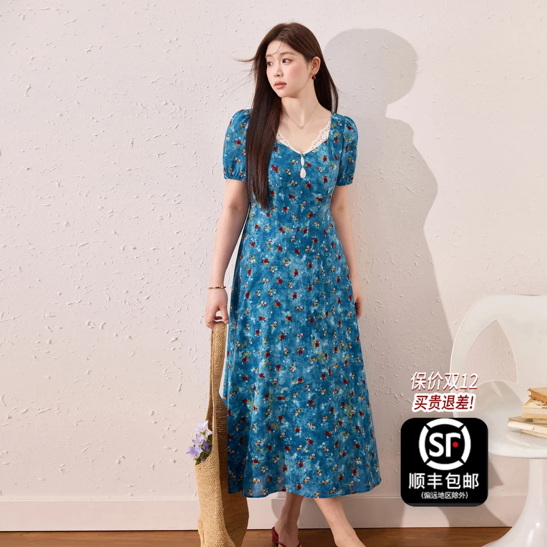 蓝语大码女装【蓝野花踪】海边度假风连衣裙掐腰巨显瘦碎花裙12070