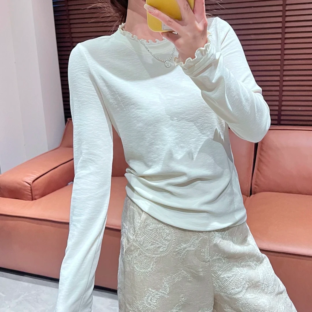 木耳边上衣2025新款春季极简设计感圆领显瘦气质简约纯色长袖T恤