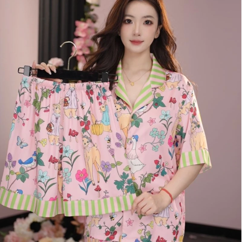 DAVINCIART森林兔夏季睡衣女款爆款2025新款家居服短袖三件套