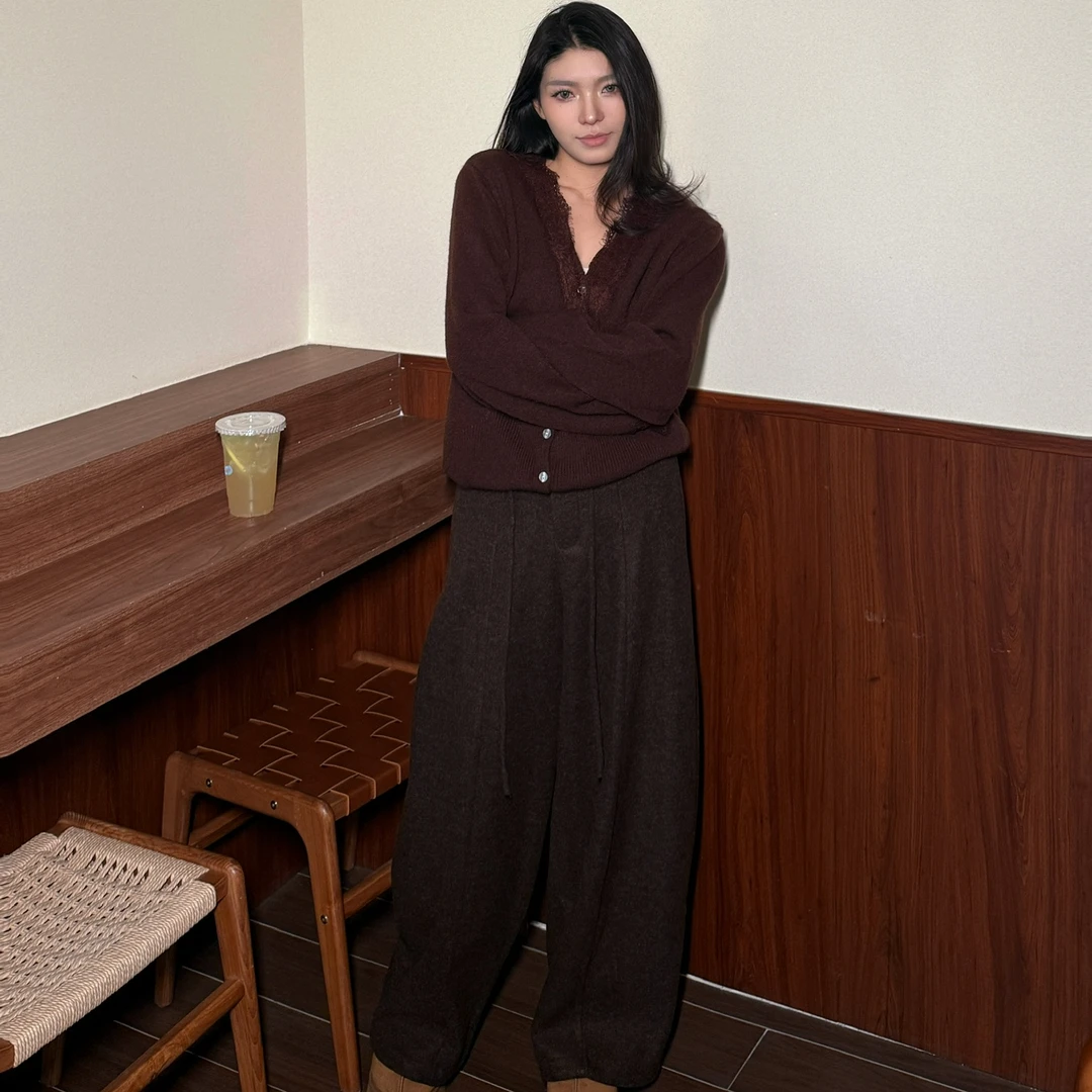 【七七专属】长袖开衫毛针织衫显瘦2618＋显瘦厚版直筒裤5003套装