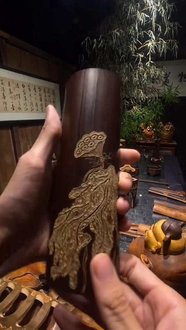 竹残荷老煤竹茶则手纯手工雕刻