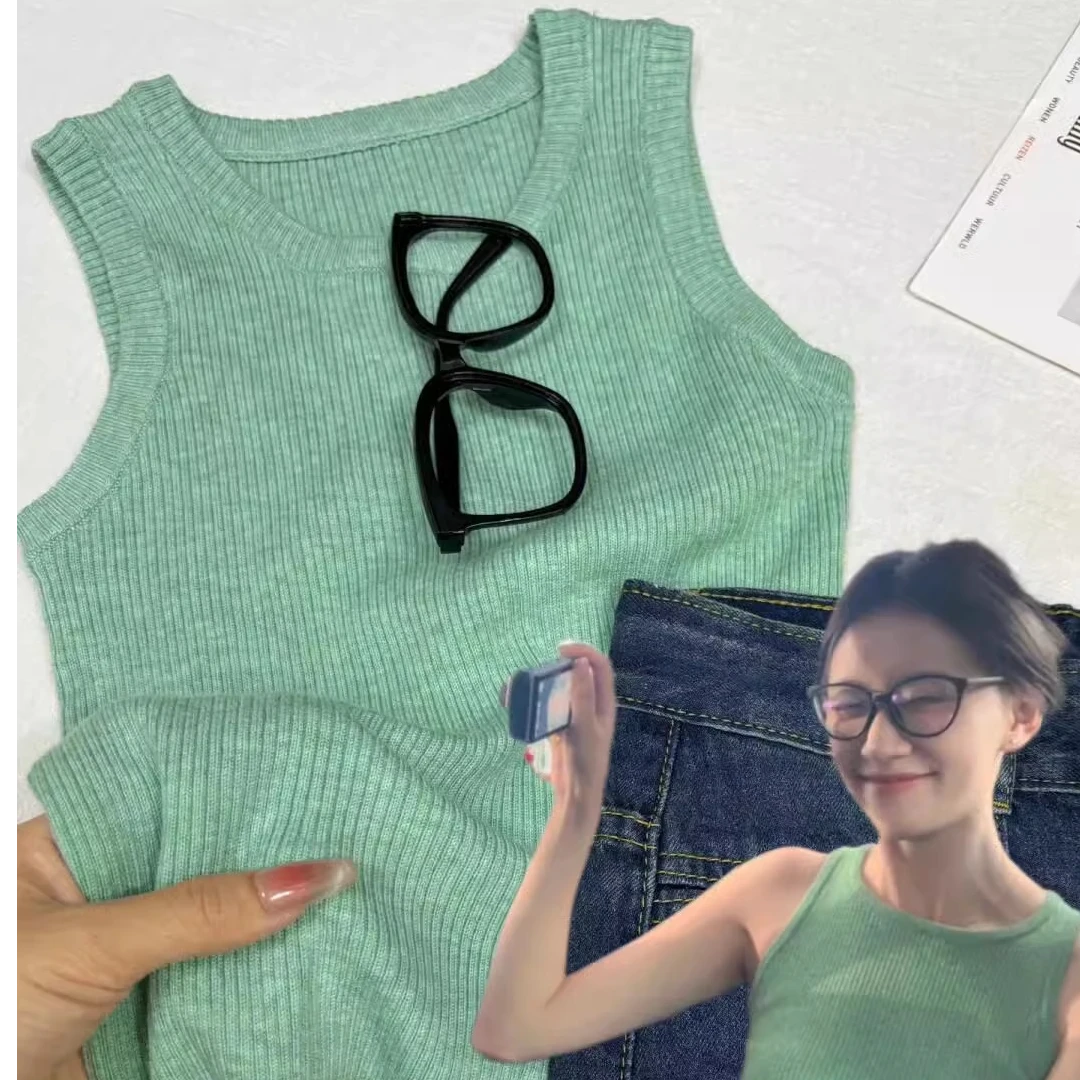 法式内搭绿色针织小吊带背心女夏季外穿修身辣妹美背短款无袖上衣