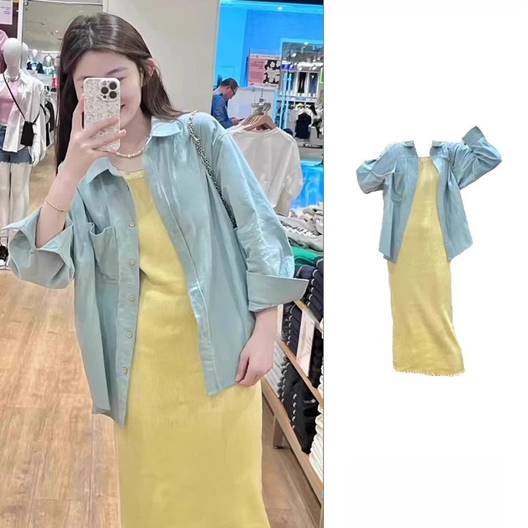 2024早秋新款多巴胺一整套搭配polo领蓝色衬衫女吊带连衣裙套装