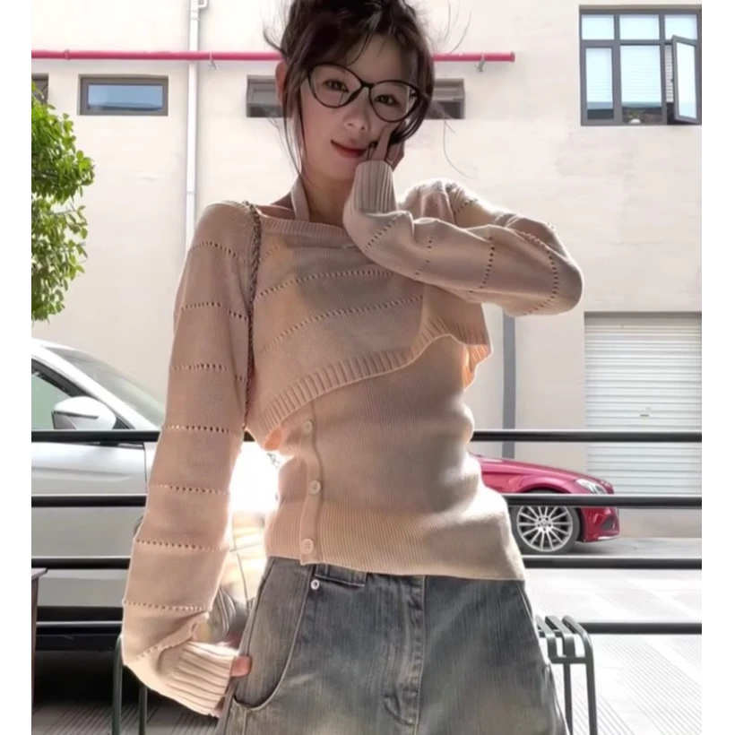 韩系chic开春穿搭两件套修身挂脖背心套装针织衫镂空毛衣别致上衣