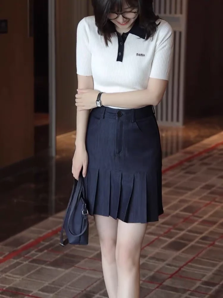 牛仔百褶短裙大码2025春季新款胖MM口袋高腰百搭显瘦A字裙半身裙