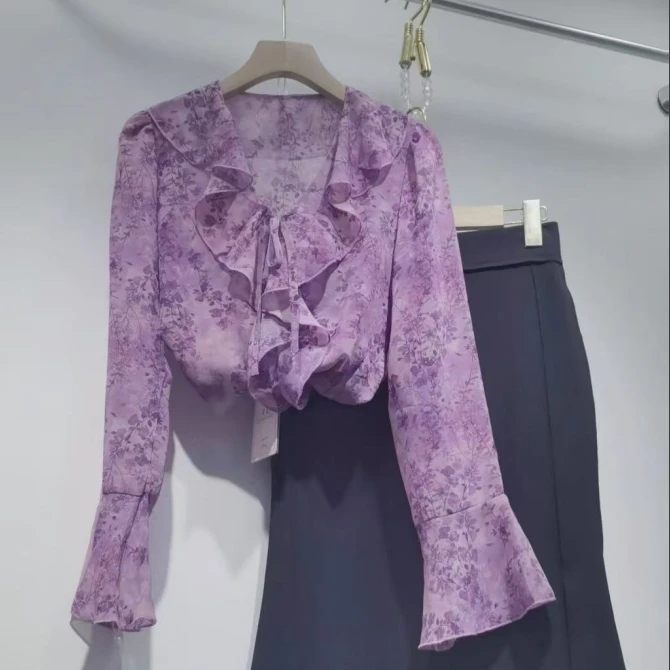 新款碎花百搭女士设计感长袖显瘦衬衫2501