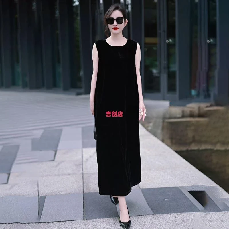 8601高端精致连衣裙夏季新款法式小众时尚真丝丝绒宽松无袖长裙子