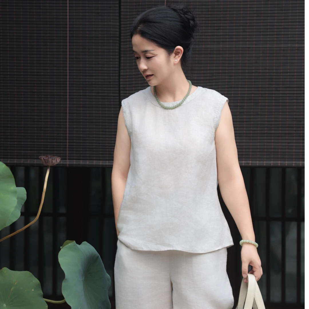 麻享【沉淀的温柔·坎肩】60支纯汉麻黑白无袖小衫纯色薄款FSY50746