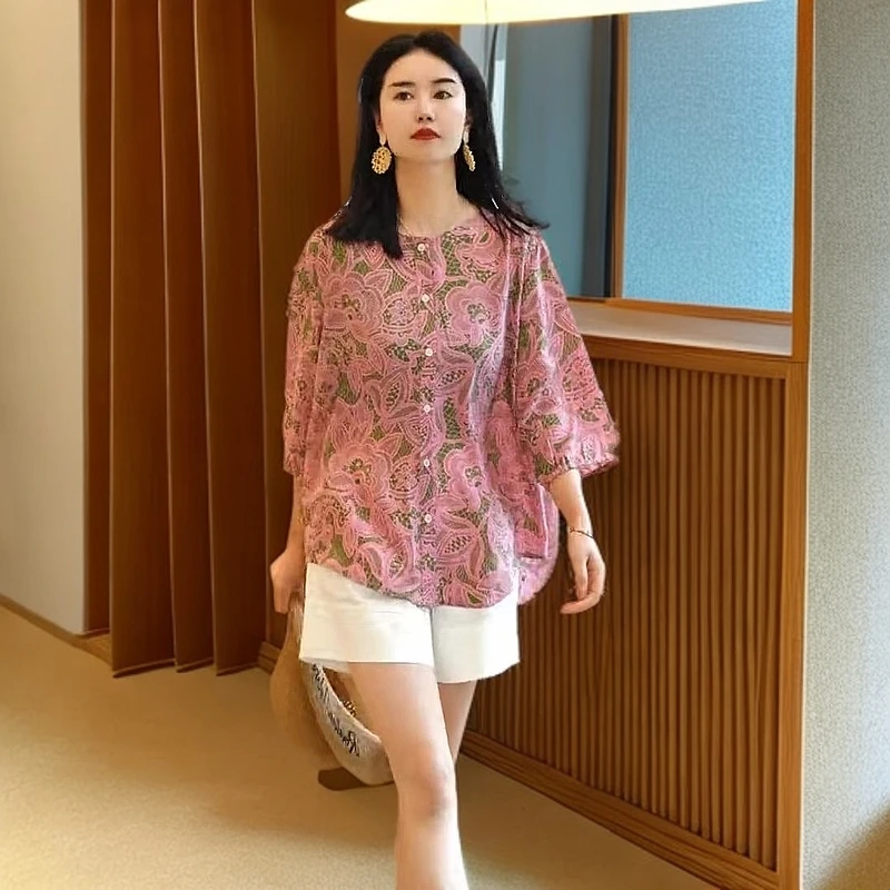 夏季新款时尚气质轻奢百搭洋气宽松显瘦圆领清爽蝙蝠袖印花衬衫女