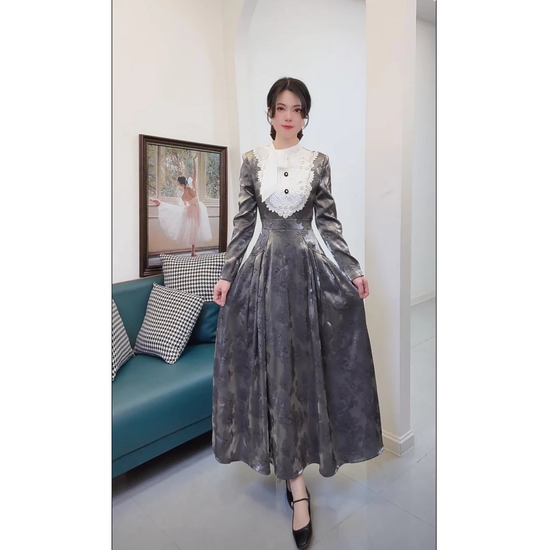 显瘦长袖轻奢黑色蕾丝秋冬千金风法式气质V领拉链优雅连衣裙51598