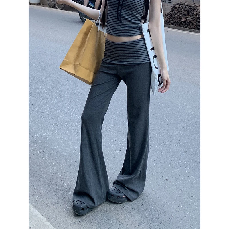 【慵懒调调休闲裤】春夏韩系翻遍拼接条纹喇叭休闲裤251H0971#