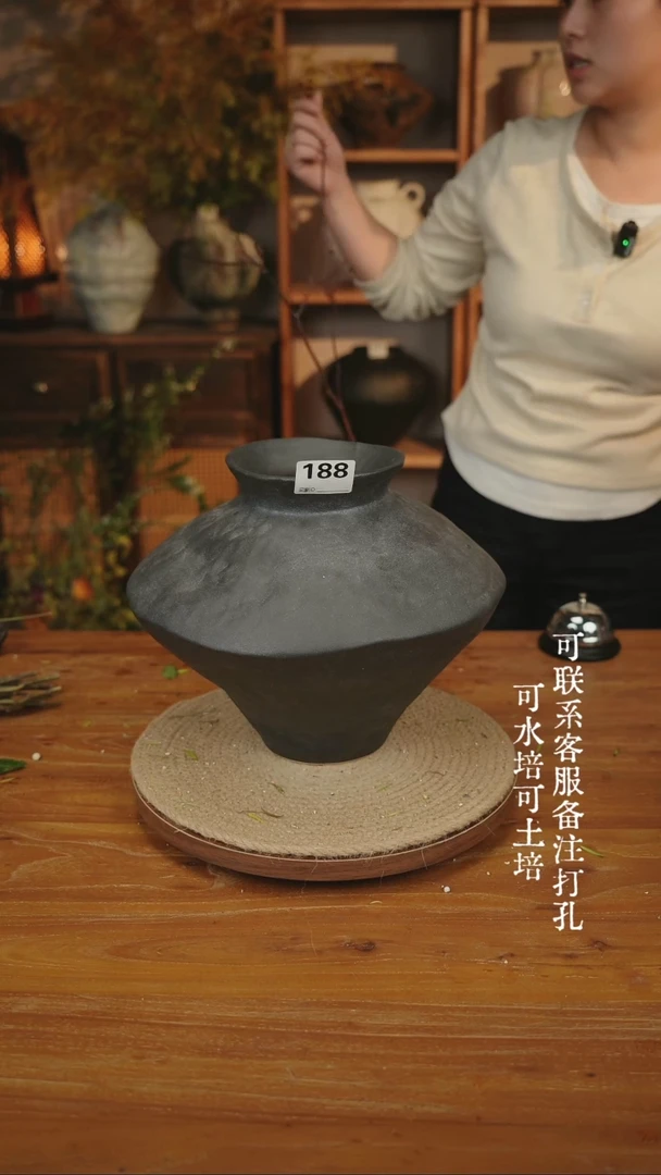 摆件陶188乌金黑色大飞碟瓶可水培可土培