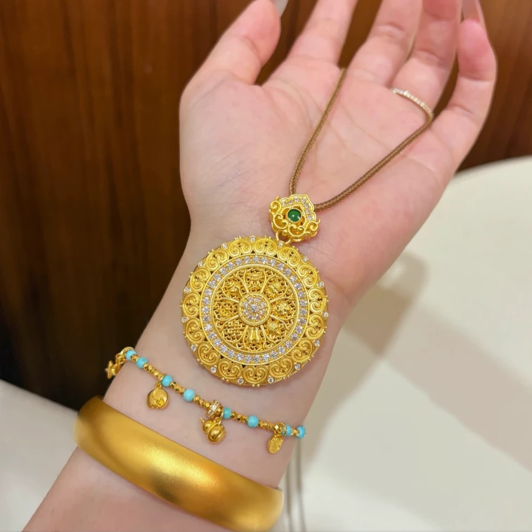 铜合金合成锆石吊坠 新中式花丝镂空旋转八宝罗盘吊坠项链编织绳