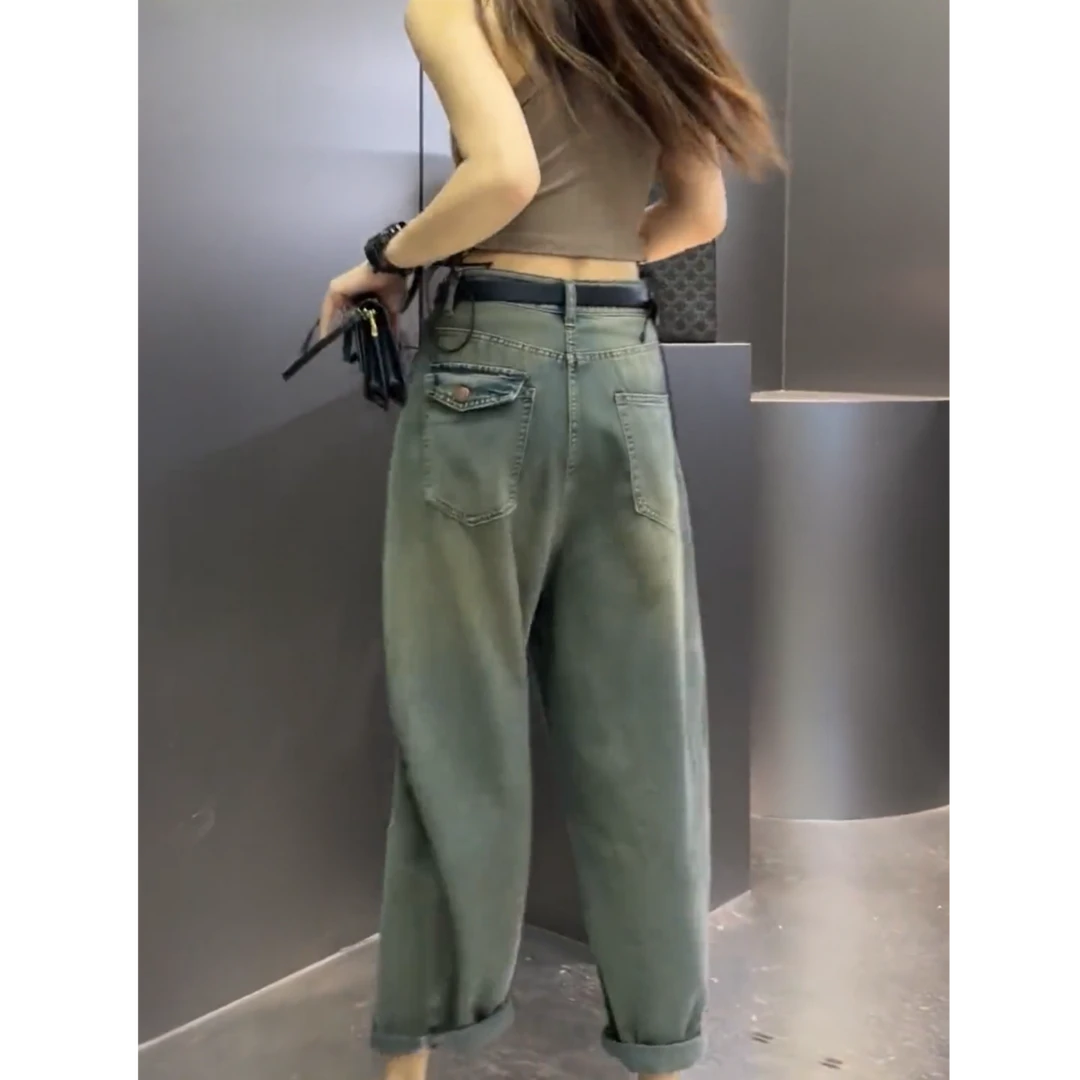 2025夏季薄款复古哈伦牛仔裤女大码梨形身材宽松显瘦八九分老爹裤