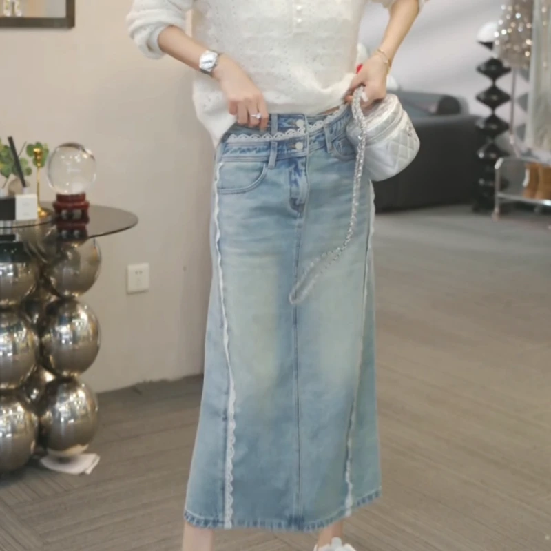 万紫千红】春季新款时尚休闲直筒显瘦蕾丝百搭牛仔裙LK2501701