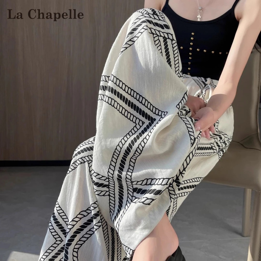 拉夏贝尔民族风格子阔腿裤女夏季薄款垂坠感高腰冰丝休闲裤子