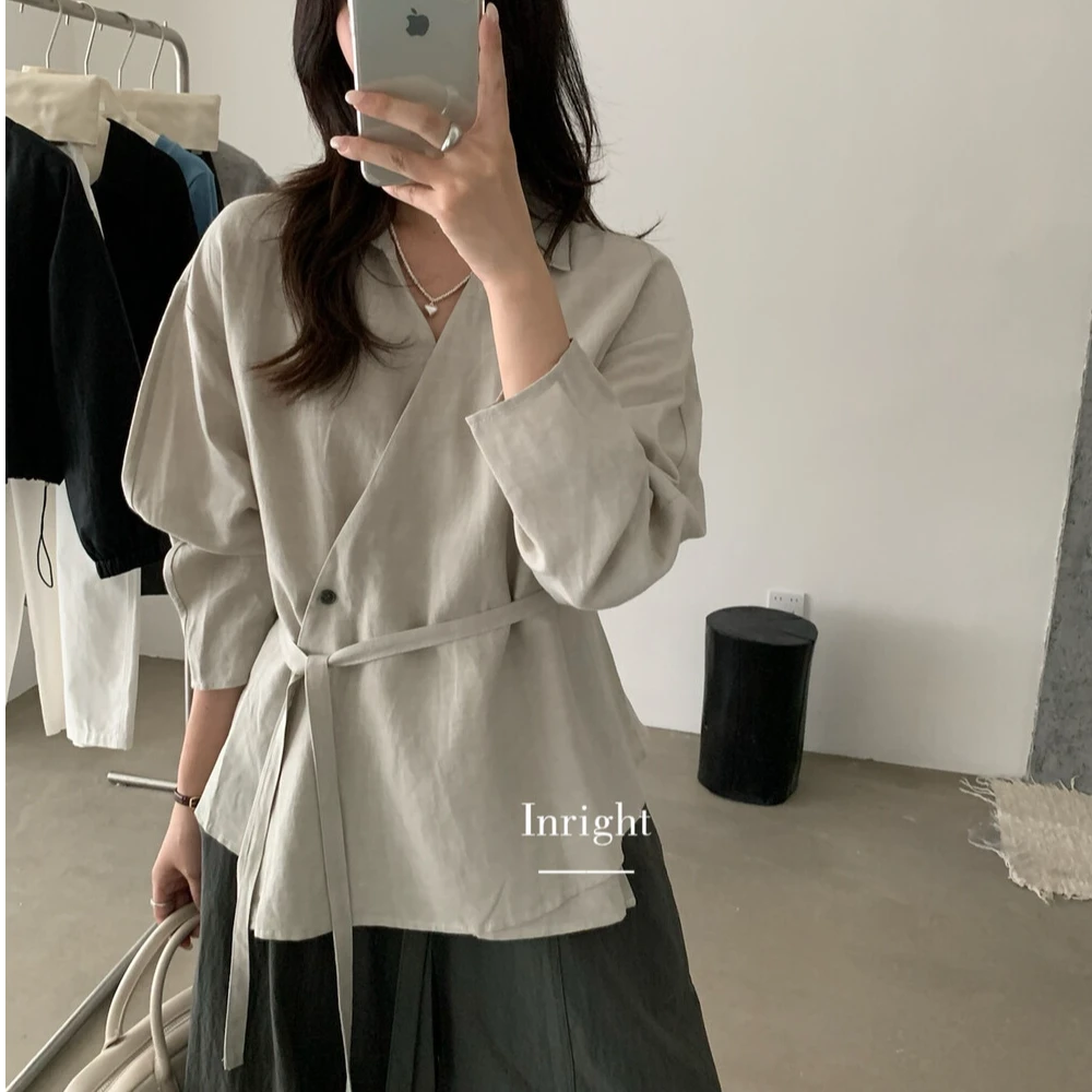 秋季成人纯色衬衫领长袖绑带衬衫休闲上衣设计感女装宽松百搭