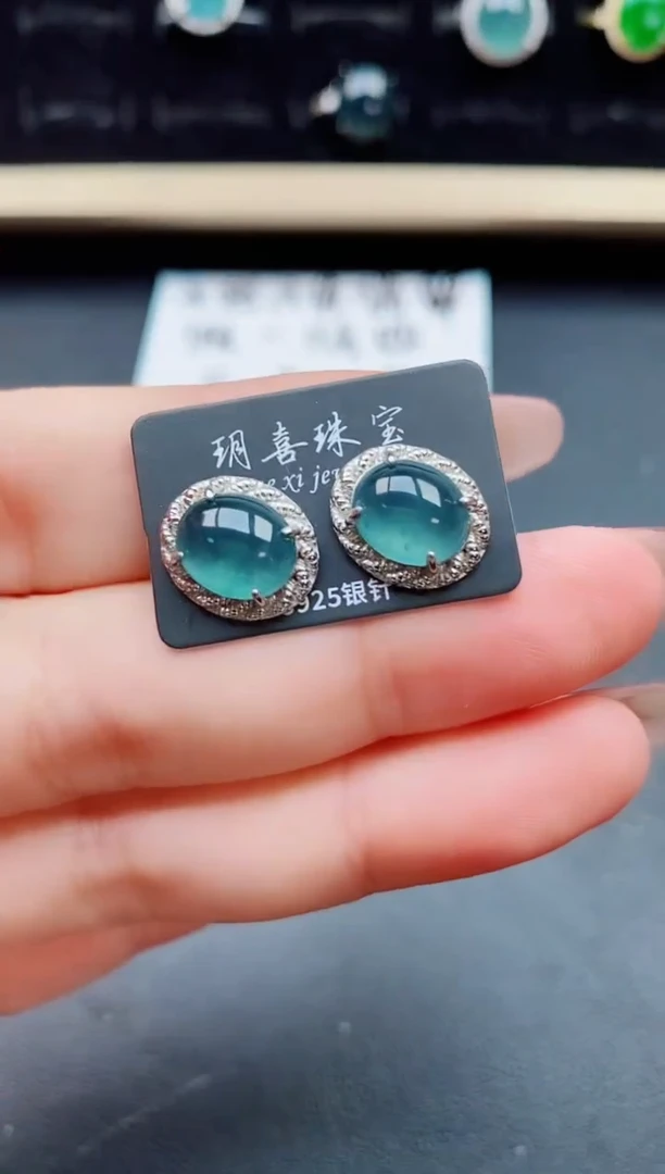 翡翠银S925镶嵌耳饰4070