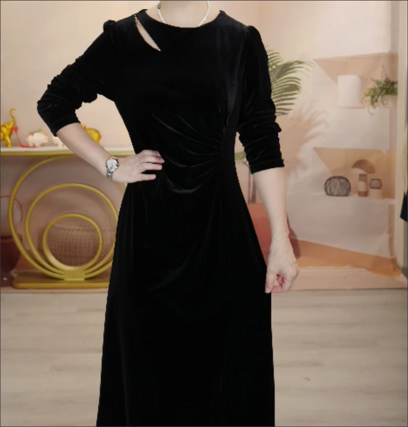 X0699 修身中长裙旗袍婚宴垂感高贵连衣裙长袖裙子圆领春秋