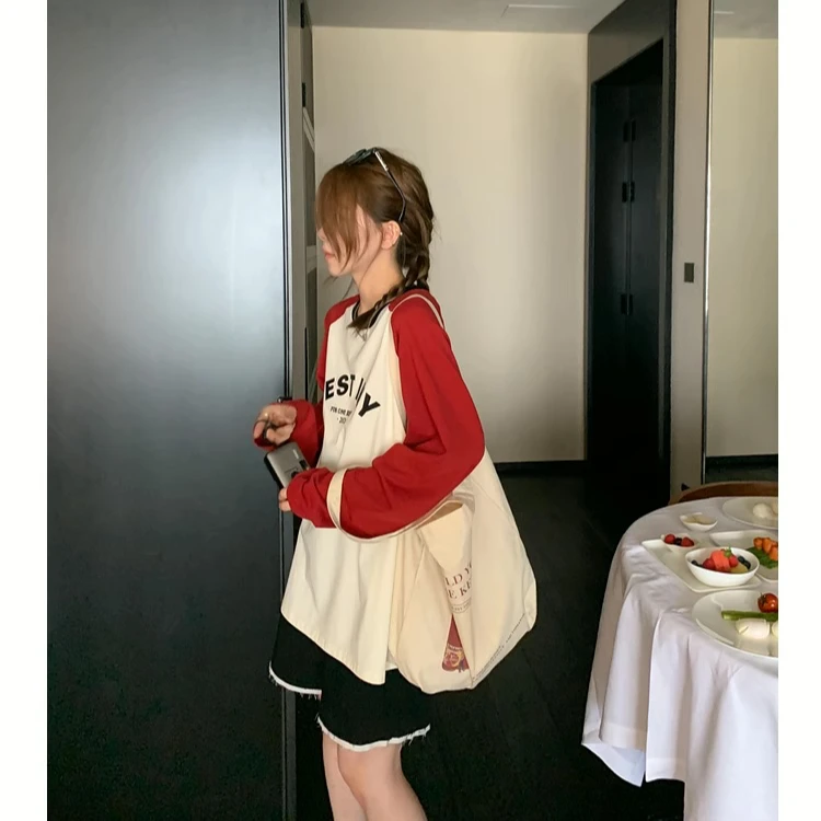 布斯学院 美式复古纯棉插肩长袖T恤春季新款宽松圆领上衣 230830