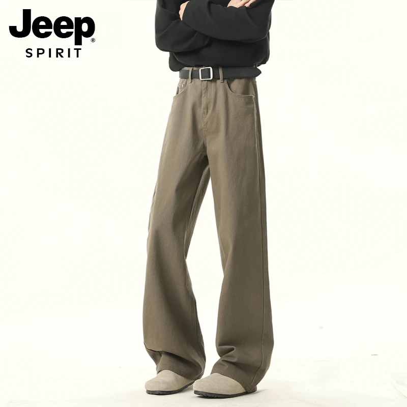 JEEPSPIRIT美式棕色休闲牛仔裤男女夏潮cleanfit水洗休闲裤复古直